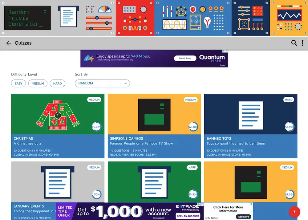 Random Trivia Generator playable quizzes page