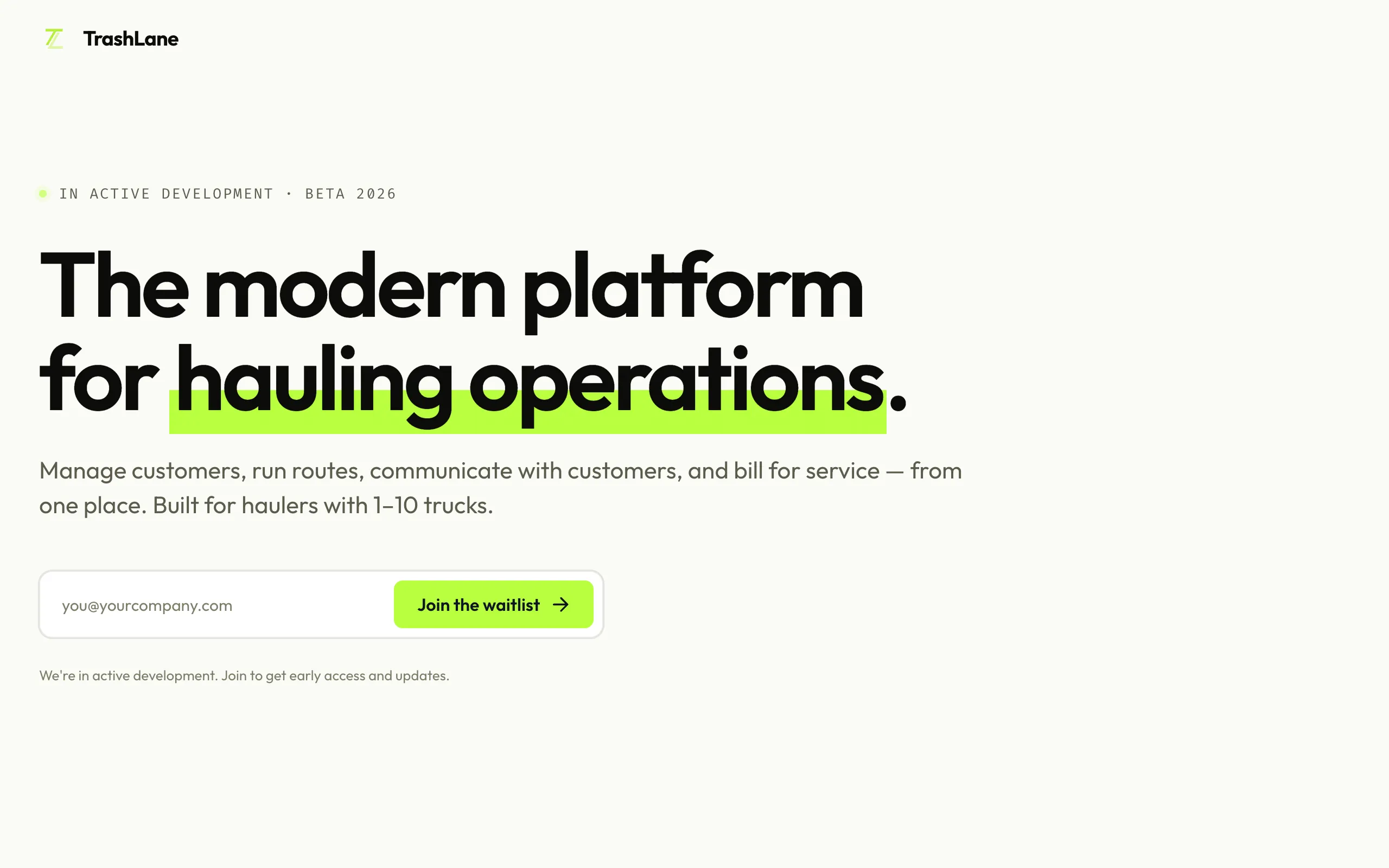 TrashLane landing page screenshot